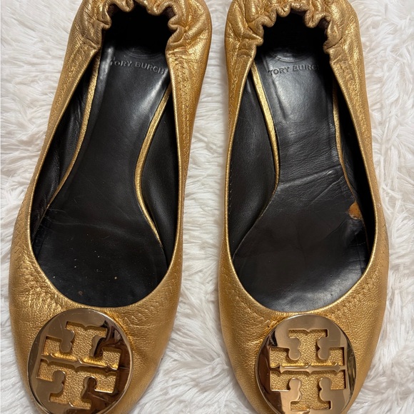 Tory Burch Metallic Gold Logo Round-Toe Ballet Flats - Picture 3 of 14